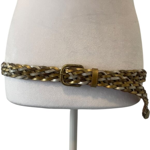 None Accessories - Vintage Tricolor Braided Gold Silver White Leather Belt with Gold Tone Buckle XL